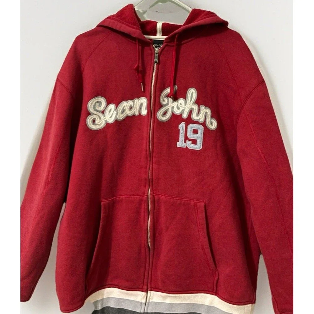 Sean John Vtg Red Men Full Zip Hoodie hip hop 90s Sz XL Logo #19 Embroidered Y2K
